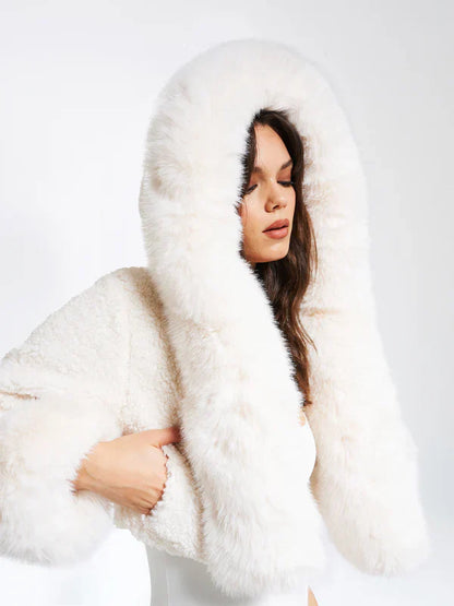 White Faux Fur Jacket with Hood