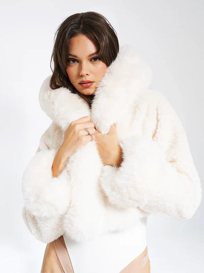 White Faux Fur Jacket with Hood