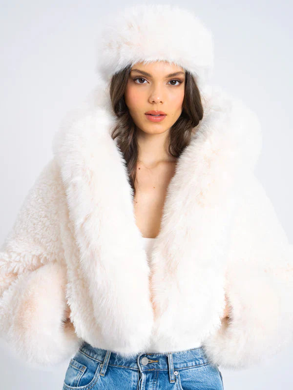 White Faux Fur Jacket with Hood